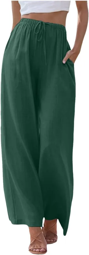 Women's Cotton Linen Summer Breathable Palazzo Lounge Pants High Waist Wide Leg Slim-Fit Trousers Business Work