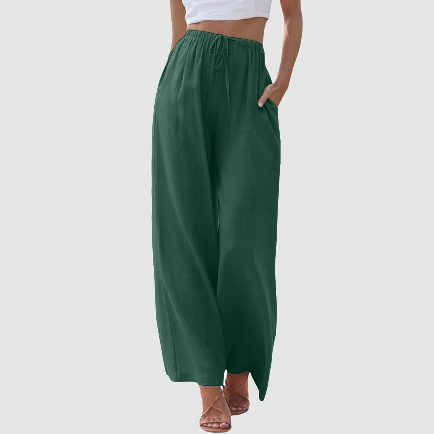 Women's Cotton Linen Summer Breathable Palazzo Lounge Pants High Waist Wide Leg Slim-Fit Trousers Business Work