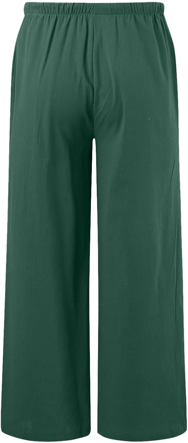 Women's Cotton Linen Summer Breathable Palazzo Lounge Pants High Waist Wide Leg Slim-Fit Trousers Business Work