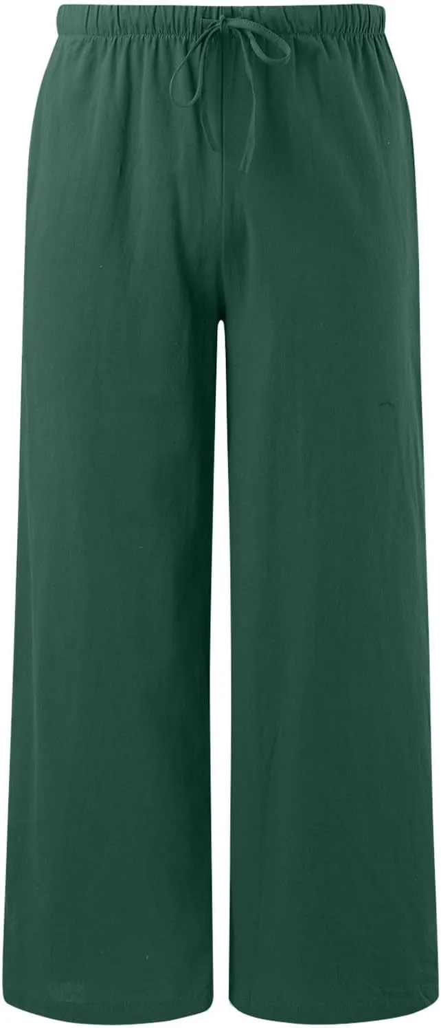 Women's Cotton Linen Summer Breathable Palazzo Lounge Pants High Waist Wide Leg Slim-Fit Trousers Business Work