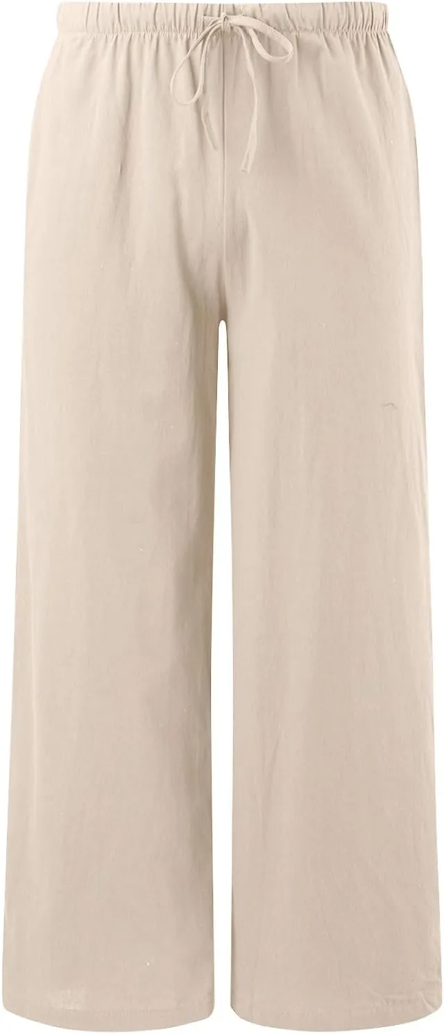 Women's Cotton Linen Summer Breathable Palazzo Lounge Pants High Waist Wide Leg Slim-Fit Trousers Business Work