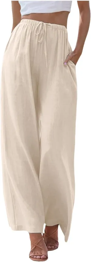 Women's Cotton Linen Summer Breathable Palazzo Lounge Pants High Waist Wide Leg Slim-Fit Trousers Business Work