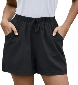 Womens Cotton Shorts Summer Comfy Linen Blend Pull On Short Breathable Elastic Waist Solid Color Work Trouser