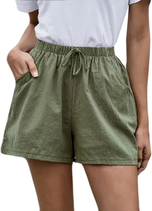 Womens Cotton Shorts Summer Comfy Linen Blend Pull On Short Breathable Elastic Waist Solid Color Work Trouser