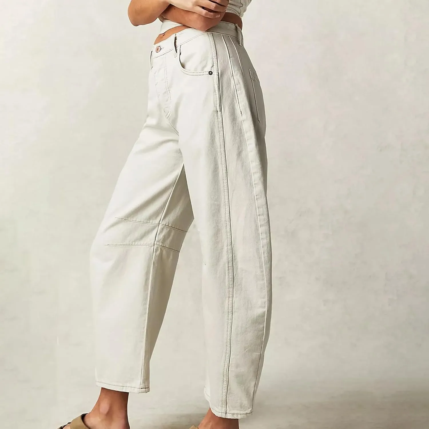 Women's Linen Summer Breathable Pant Trousers Elastic Waisted Wide Leg Slim-Fit Pants Business Work