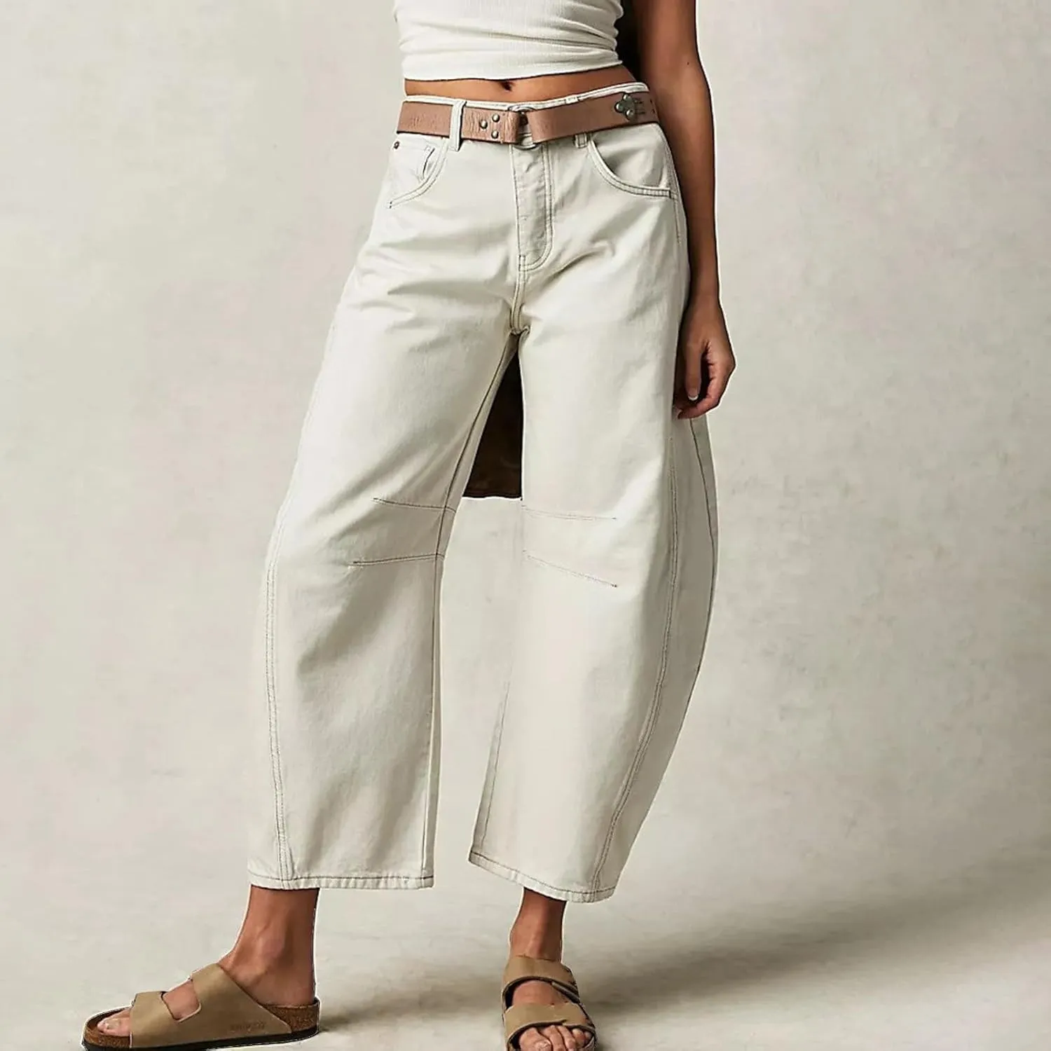 Women's Linen Summer Breathable Pant Trousers Elastic Waisted Wide Leg Slim-Fit Pants Business Work