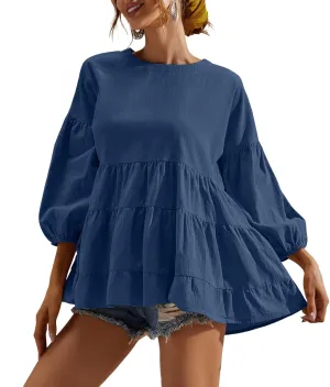 Women's Peplum Tops 3/4 Lantern Sleeve Crewneck Loose Babydoll Shirt Blouse