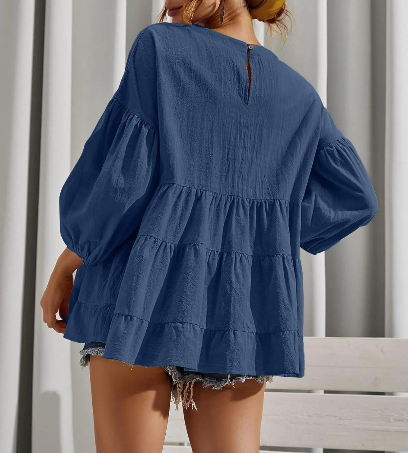 Women's Peplum Tops 3/4 Lantern Sleeve Crewneck Loose Babydoll Shirt Blouse