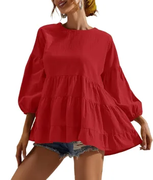 Women's Peplum Tops 3/4 Lantern Sleeve Crewneck Loose Babydoll Shirt Blouse