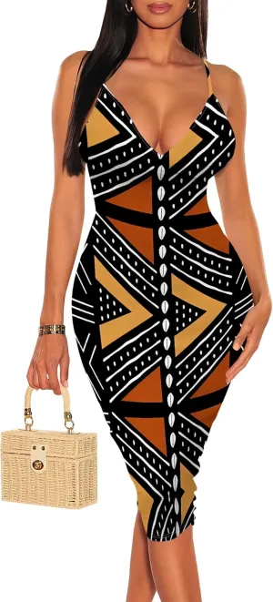 Women's Sexy Sleeveless Bodycon Midi Dress Summer Casual V-Neck Spaghetti Straps Party Club Dresses Beach Vacation Outfits
