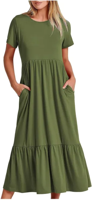 Women's Short Sleeve Crewneck Midi Dresses Simple Solid Color Sundress Loose Fit A Line Trendy Dresses
