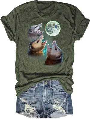 Women's Three Raccoons Vintage T-Shirt Retro Moon Tops Funny Raccoon Lovers Graphic Tee