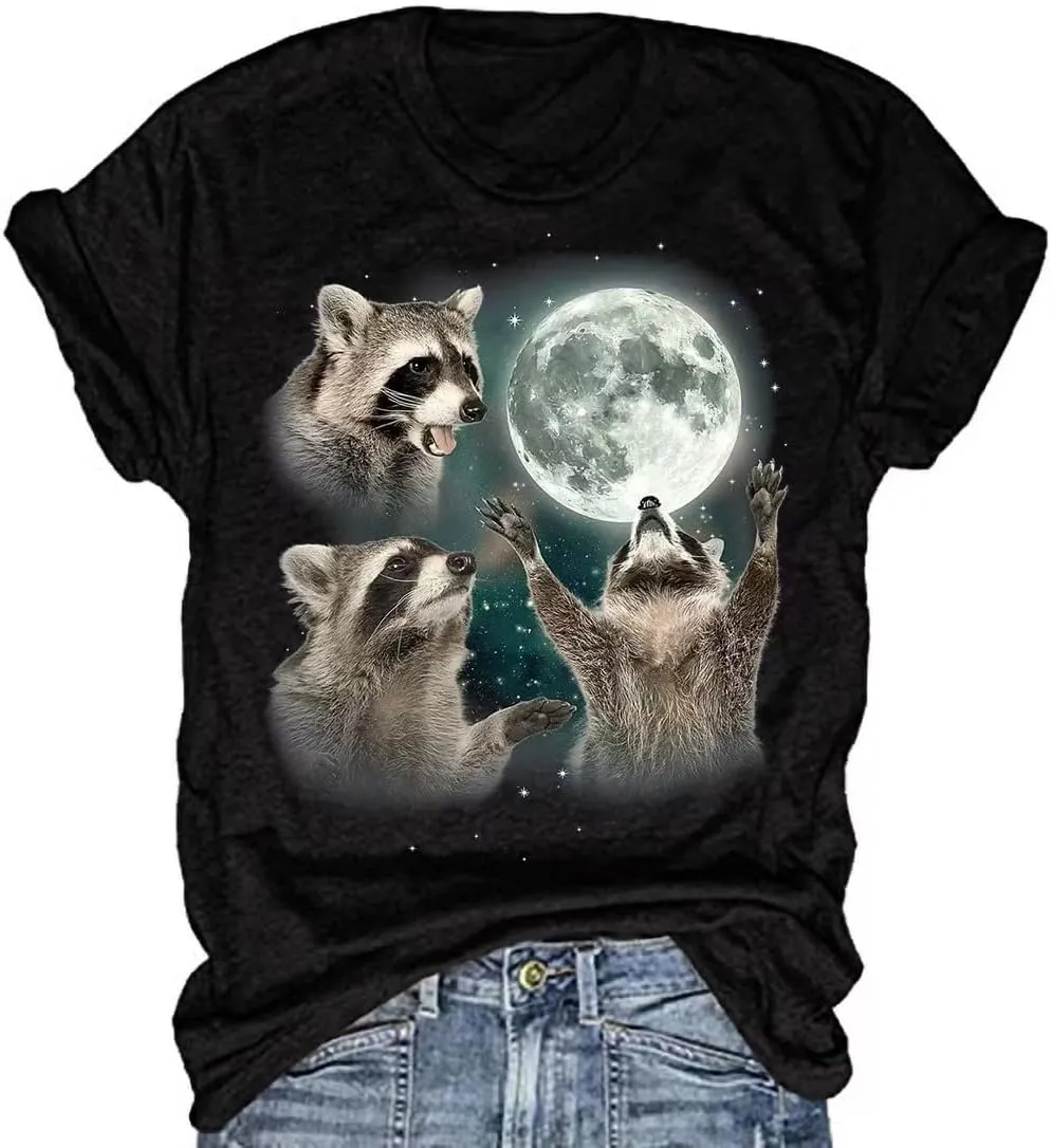 Women's Three Raccoons Vintage T-Shirt Retro Moon Tops Funny Raccoon Lovers Graphic Tee
