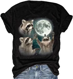 Women's Three Raccoons Vintage T-Shirt Retro Moon Tops Funny Raccoon Lovers Graphic Tee