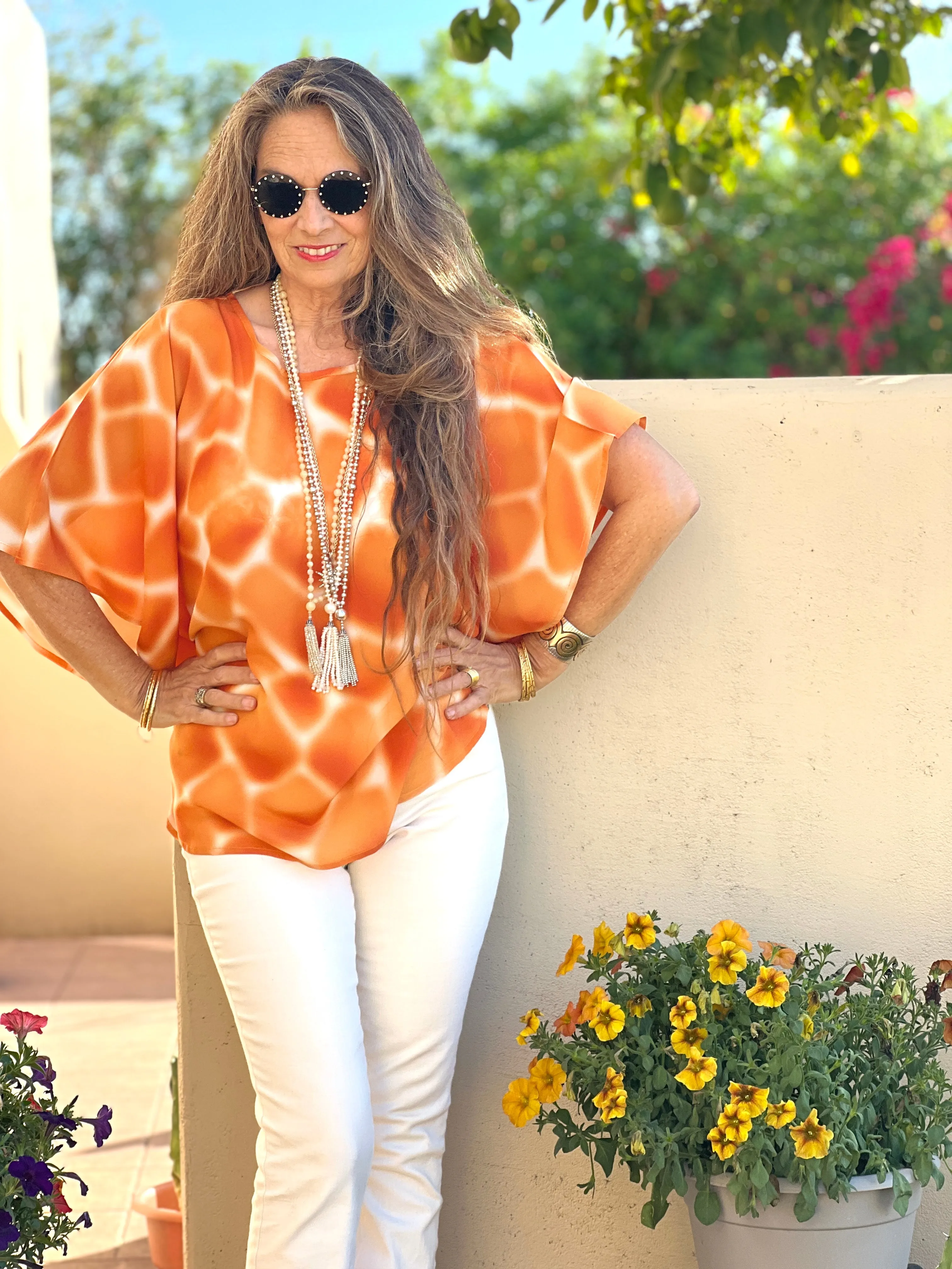 Zirafa Giraffa Orange Italian Silk Poncho